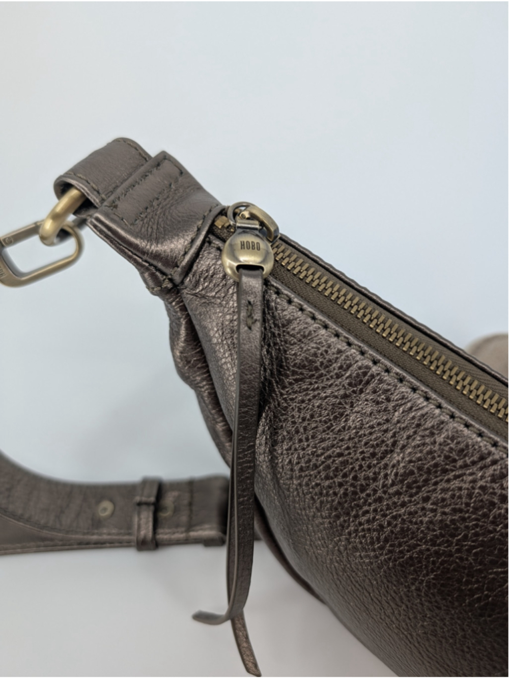 HOBO Knox Sling Pewter Metallic Bronze Genuine Leather Crescent Shoulder Bag - Picture 2 of 12